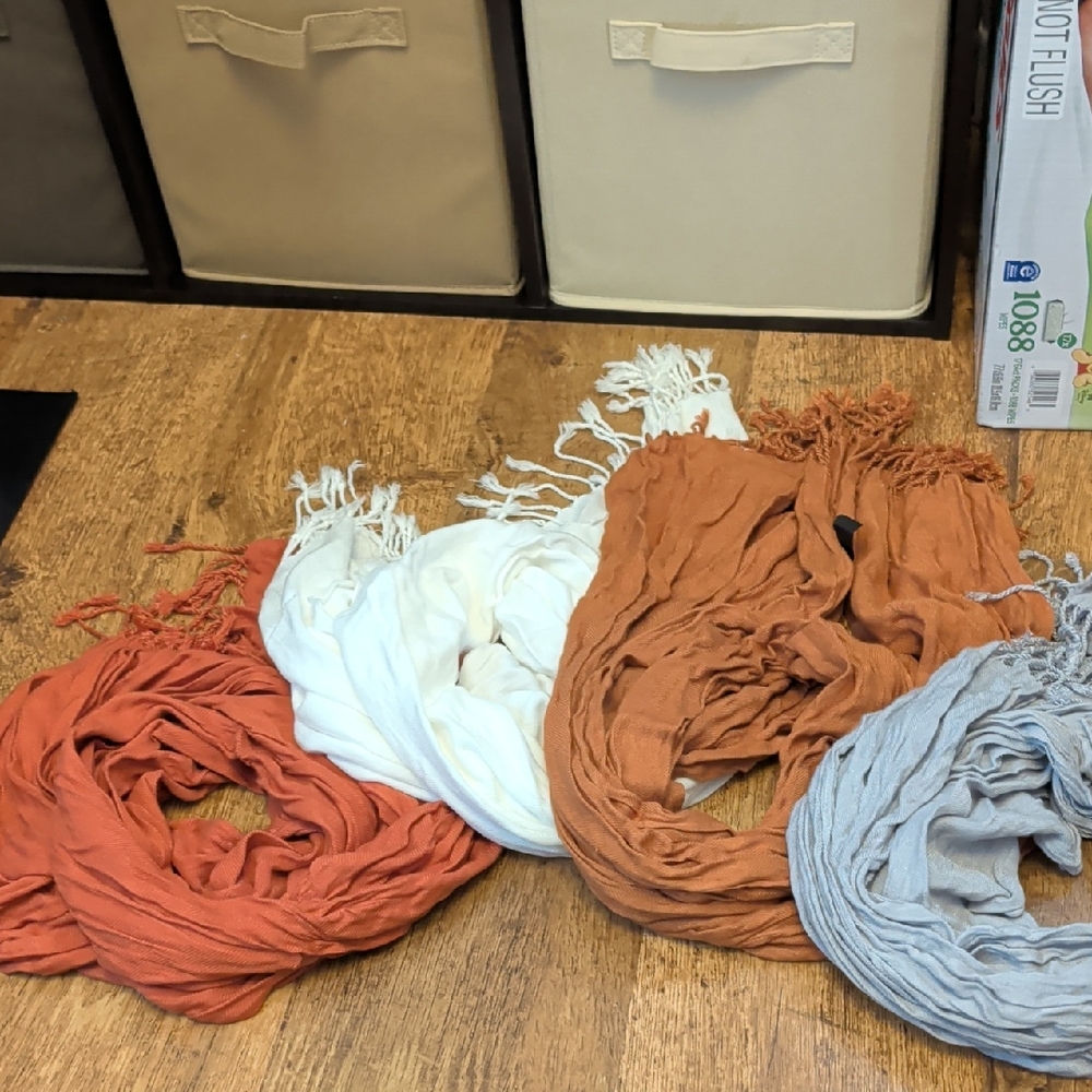 Set of Four Fringe Scarves in Rust, White, and Gray